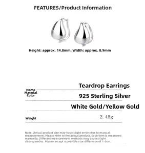 Detailed view of 925 sterling silver teardrop earrings with dimensions 14.8mm by 8.9mm
