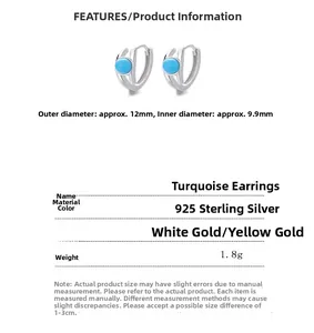 Dimensions détaillées des créoles en argent 925 et turquoise avec diamètre extérieur de 12mm