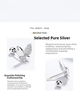 Vue détaillée du clou d'oreille papillon en argent 925 avec zircons et fermoir à vis
