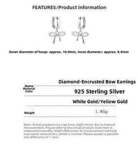 Detailed size specifications for 925 sterling silver bow earrings with zircon stones