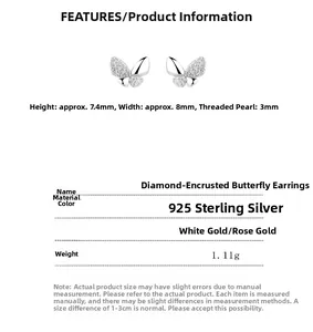 Vue détaillée des boucles d'oreilles papillon en argent 925 avec dimensions précises