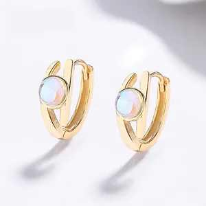 Boucles d'Oreilles Créoles Géométriques en Argent Sterling 925 Avec Incrustation de Pierre de Lune Turquoise pour Femmes Bijoux Élégants