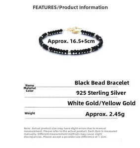 Detailed view of black agate bead bracelet with 925 sterling silver lobster clasp and chain