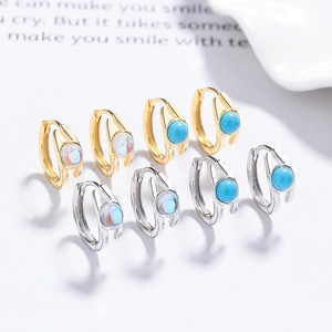 Boucles d'oreilles créoles géométriques en argent 925 avec turquoise et opale, or et argent
