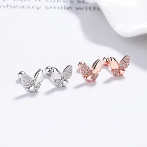 Boucles d'Oreilles Clous Papillon en Argent Sterling 925 Avec Fermoir à Vis Minimalistes en Strass Bijoux de Mode Cadeau pour Femmes Filles