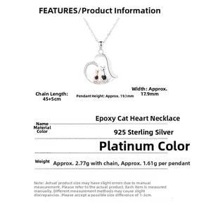 Detailed view of 925 sterling silver heart necklace with dimensions and cat motifs