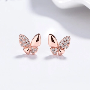 Boucles d'oreilles papillon en argent 925 or rose avec zircons asymétriques