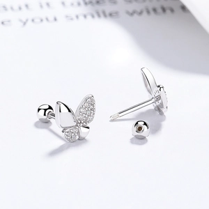 Boucles d'oreilles papillon en argent sterling 925 avec fermoir à vis et zircons blancs