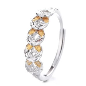 S925 sterling silver adjustable ring with five coin patterns and gold-tone diamond-cut accents