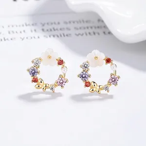 925 Sterling Silver Butterfly Flower Wreath Stud Earrings With Multi Colored Rhinestones Artificial Pearl Jewelry For Women