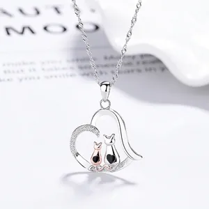 925 Sterling Silver Cute Cat Heart Pendant Necklace Platinum Plated Animal Rhinestone Clavicle Chain Jewelry For Women