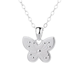 Polished 925 sterling silver butterfly pendant necklace with textured wings on a thin chain