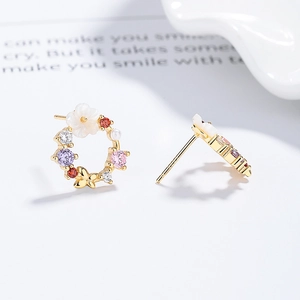 Exquisite 925 sterling silver wreath earrings with colored crystals and a small butterfly