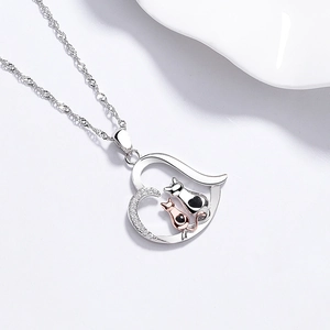 925 silver heart necklace with two tone cat pendant and cubic zirconia details