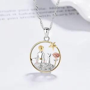 925 silver Le Petit Prince necklace with stars and rose detail in a hollow round pendant