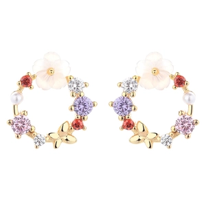 Exquisite 925 silver butterfly and floral stud earrings with multi-colored zirconia stones