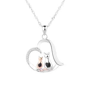 925 silver heart necklace with two cats and sparkling cubic zirconia stones
