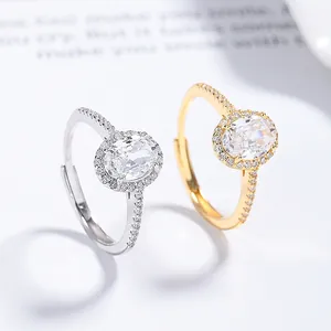 925 Sterling Silver Oval Zirconia Halo Ring For Women Elegant Minimalist Adjustable Open Ring Sparkling Fashion Jewelry Ring