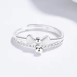925 Sterling Silver Bowknot Open Ring For Women Minimalist Double Layer Adjustable Brushed Finish Elegant Jewelry Gift