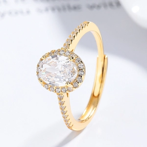 Elegant 925 silver gold-plated open ring with oval zircon and pavé diamonds for women