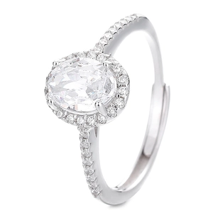 Classic 925 silver halo ring with oval cubic zirconia and side stones in a 45-degree view