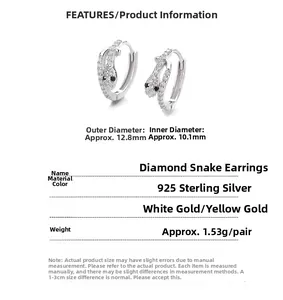 Tableau détaillé des tailles pour boucles d'oreilles serpent en argent 925 et zircon