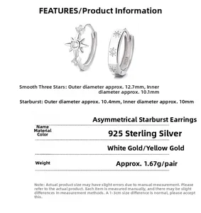 Detailed size specifications for 925 sterling silver star hoop earrings with dimensions