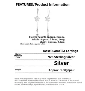 Detailed specs of 925 silver camellia tassel earrings with flower size and chain length