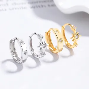 Elegant 925 Sterling Silver Eight-pointed Star Hoop Earrings Sparkling Rhinestone Octagram Stud Earrings For Women Jewelry