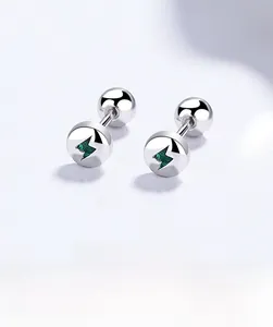 Detailed view of S925 sterling silver screw back stud earrings with green lightning bolt