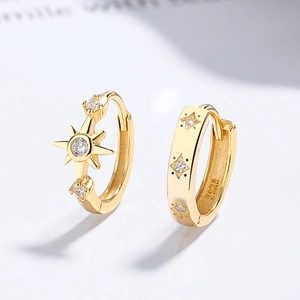 Elegant 925 silver gold-plated eight-point star earrings with sparkling zircon stones