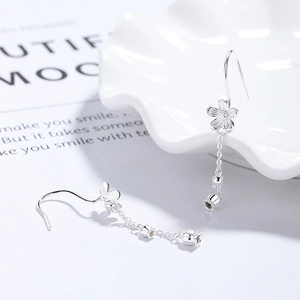 Elegant 925 sterling silver camellia tassel drop earrings with delicate flower pendants