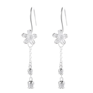 Elegant 925 silver camellia tassel drop earrings with delicate flower and bell charms