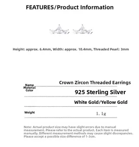 Macro detail of crown zircon earrings in 925 silver with precise dimensions shown