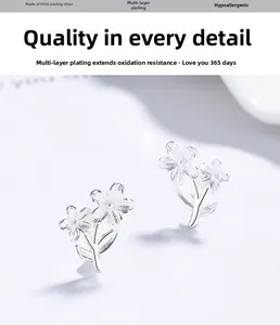 Detail view of S925 sterling silver flower earrings with brushed metal texture and plating