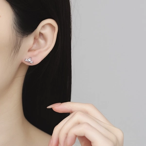 Elegant S925 sterling silver crown stud earrings with sparkling cubic zirconia on model
