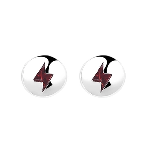 Minimalist 925 sterling silver round stud earrings with red lightning bolt enamel design