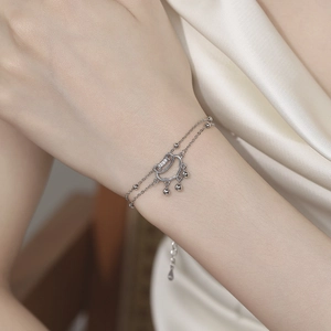 Double-layered 925 silver bead bracelet with a crystal-inlaid Ruyi lock pendant