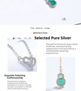 Détails du collier gourde en argent 925 avec calcédoine verte et pavé de pierres fines