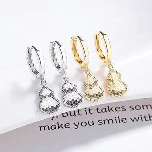 925 Sterling Silver Gourd Pendant Hoop Earrings For Women Minimalist Rhinestone Pave Hulu Dangle Earrings Jewelry Gift