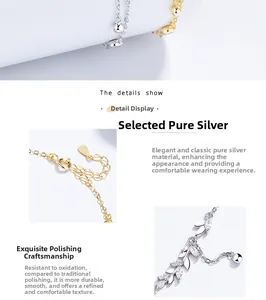 Detail of S925 sterling silver wheat leaf bracelet with zircon stones and lobster clasp