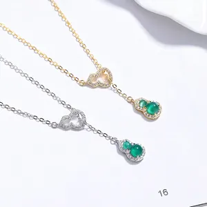 Collier Pendentif Calebasse en Argent Sterling 925 et Calcédoine Verte pour Femme Luxe Chinoiserie Incrusté de Strass Bijoux de Chaîne de Clavicule