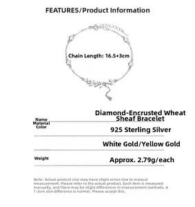 Detailed specs of 925 sterling silver wheat ear bracelet with zirconia in white and yellow gold