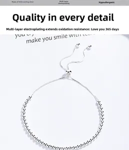 Close-up of S925 sterling silver beaded bracelet with adjustable slide buckle detail