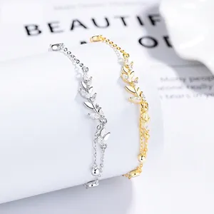 Elegant 925 Sterling Silver Wheat Ear Bracelet For Women Simple Fashion Rhinestone Leaf Jewelry With Extension Chain Gift