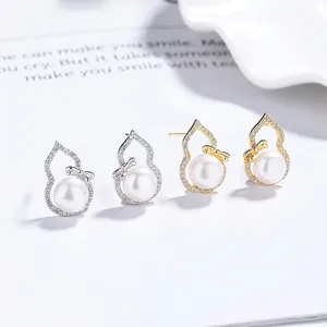 Freshwater Pearl Gourd Stud Earrings With 925 Sterling Silver Earring Post Zircon Bow Jewelry For Women Elegant Vintage Style