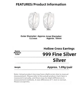 Macro view of 999 fine silver hollow cross earrings with 13.1mm outer diameter dimensions