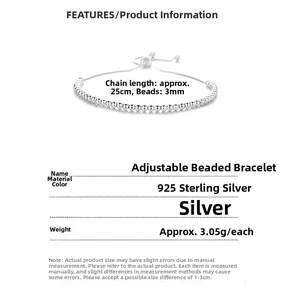 Detailed view of 925 sterling silver bead bracelet with 3mm beads and adjustable slider