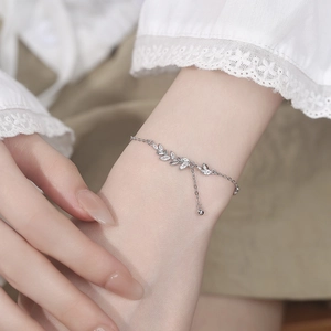 925 silver wheat ear bracelet for women featuring sparkling zircon stones and leaf charms