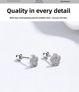 Macro view of S925 sterling silver flower earrings with sparkling zircon stones